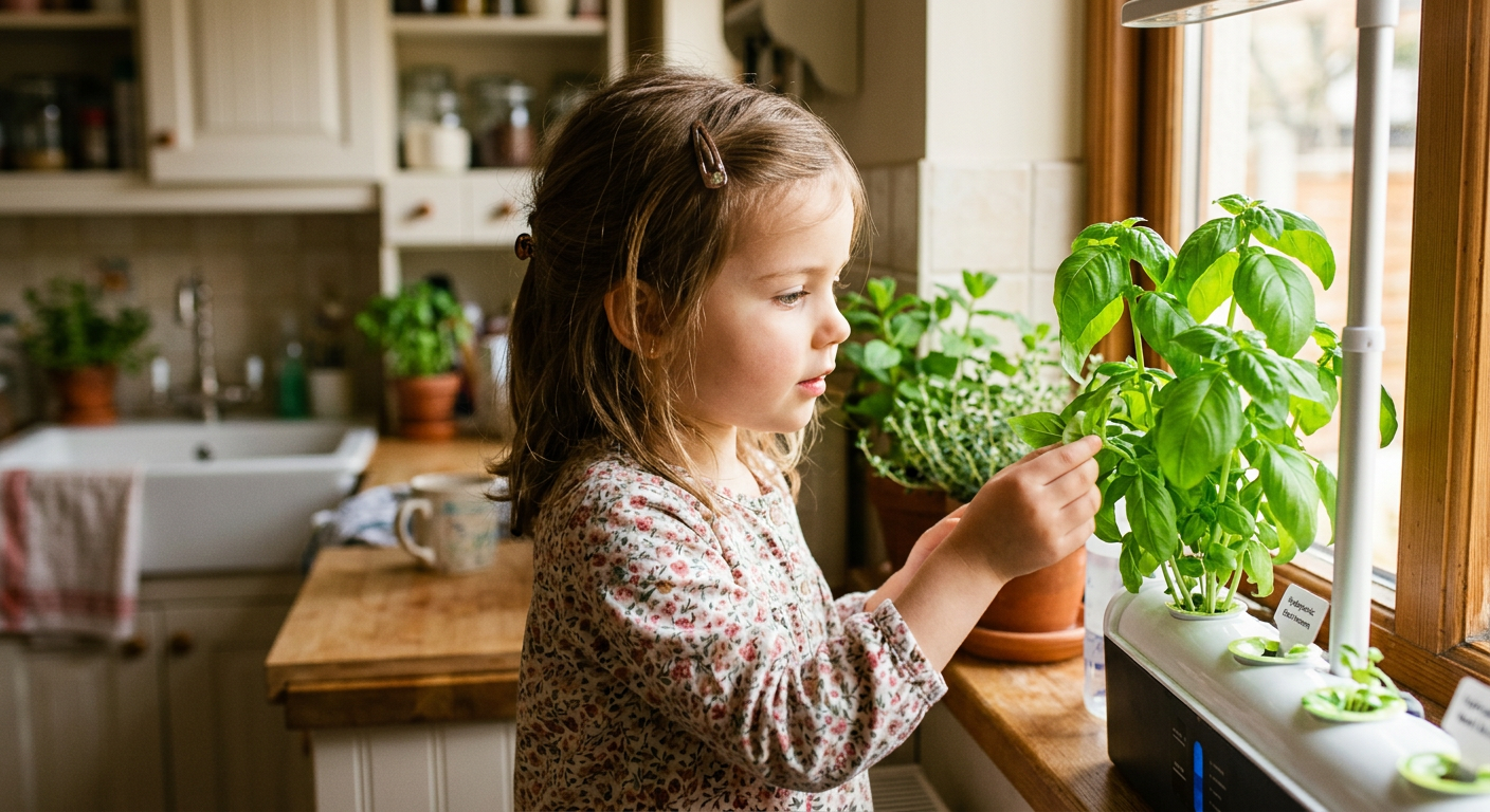 Young girl gently touching vibrant green basil leaves on hydroponic plant