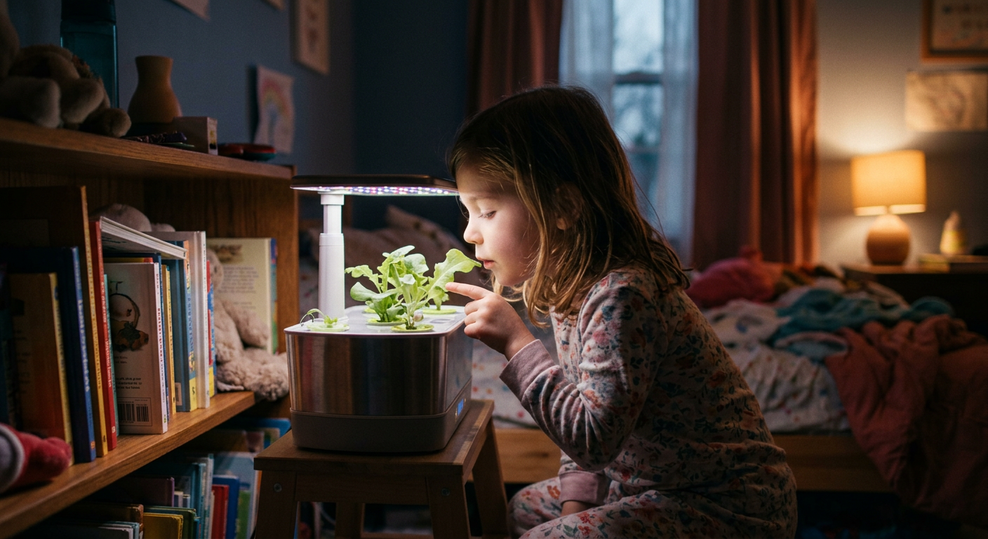 Young child whispering goodnight to a hydroponic plant at bedtime