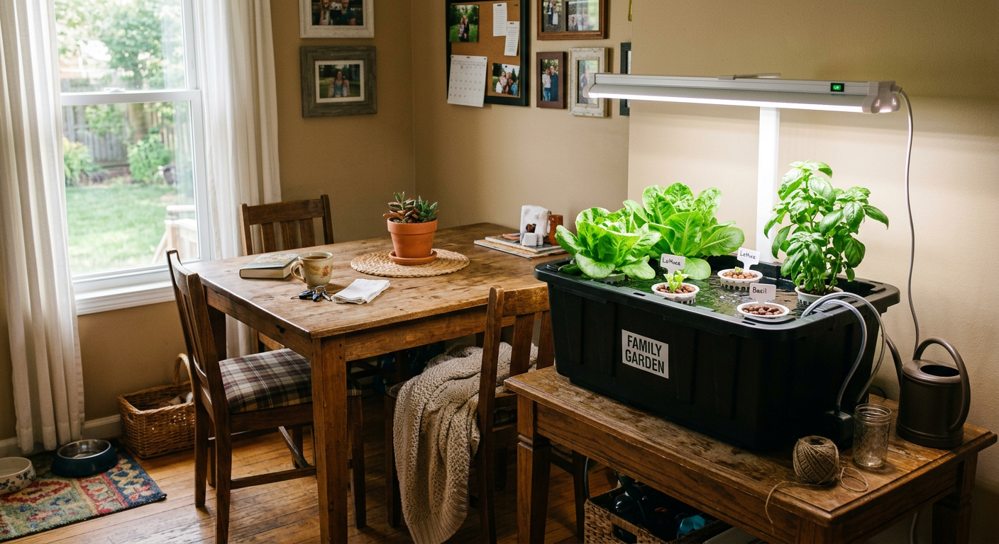 Simple hydroponic system with lettuce and basil growing under LED light in a family dining room