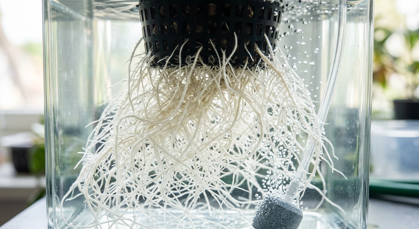 White hydroponic roots growing in clear water like spaghetti strands