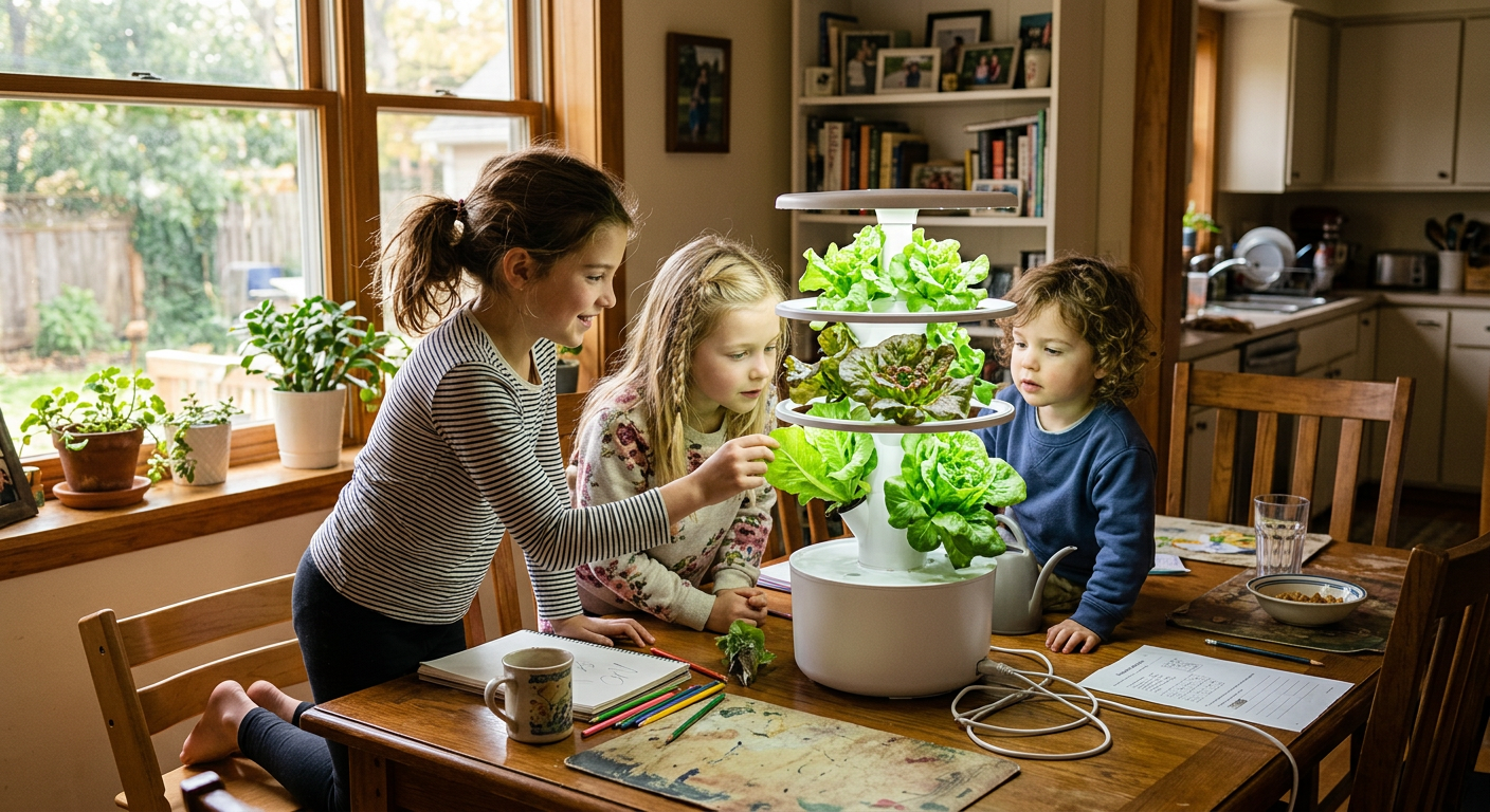 Three sisters gathered around hydroponic lettuce plant in dining room